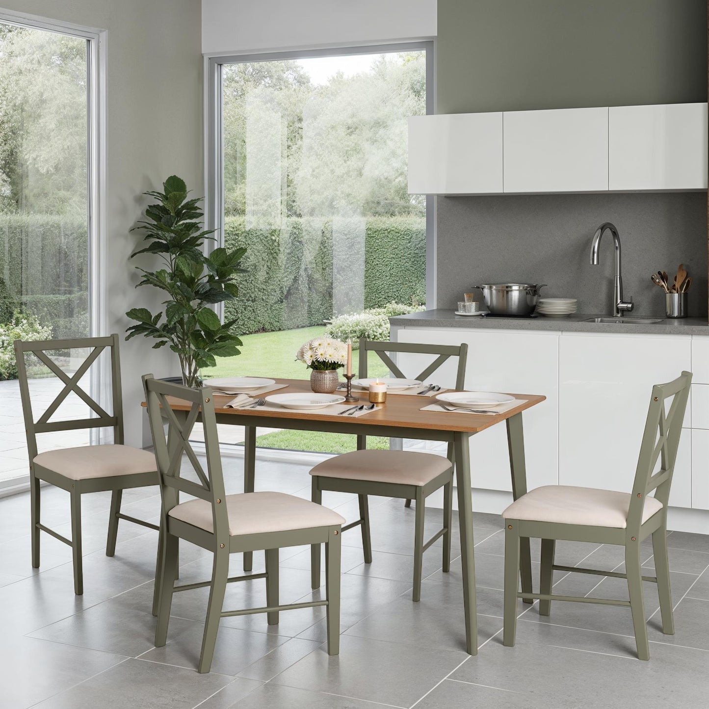 Balfour 1+4 Dining Set - Sage Green/Oak Effect/Mink Microsuede