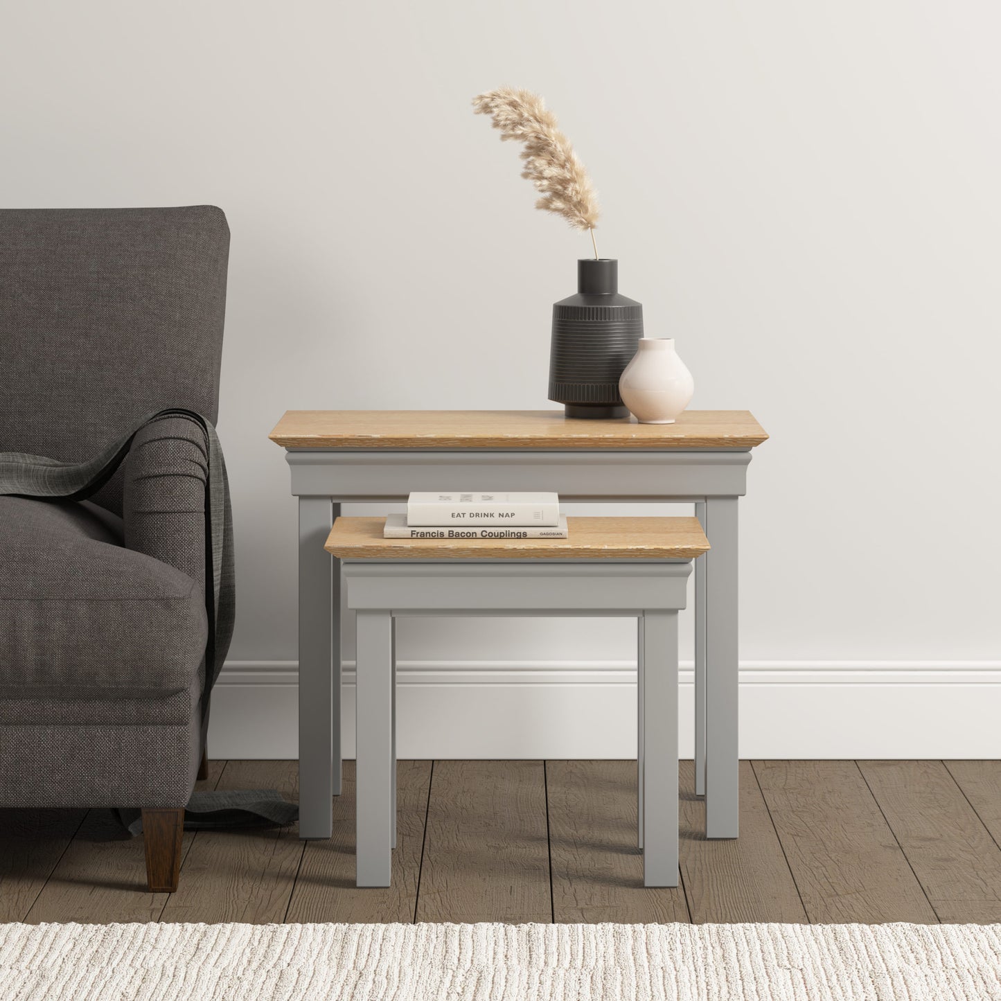 Bordeaux Nest Of 2 Tables - Pebble Grey/Oak