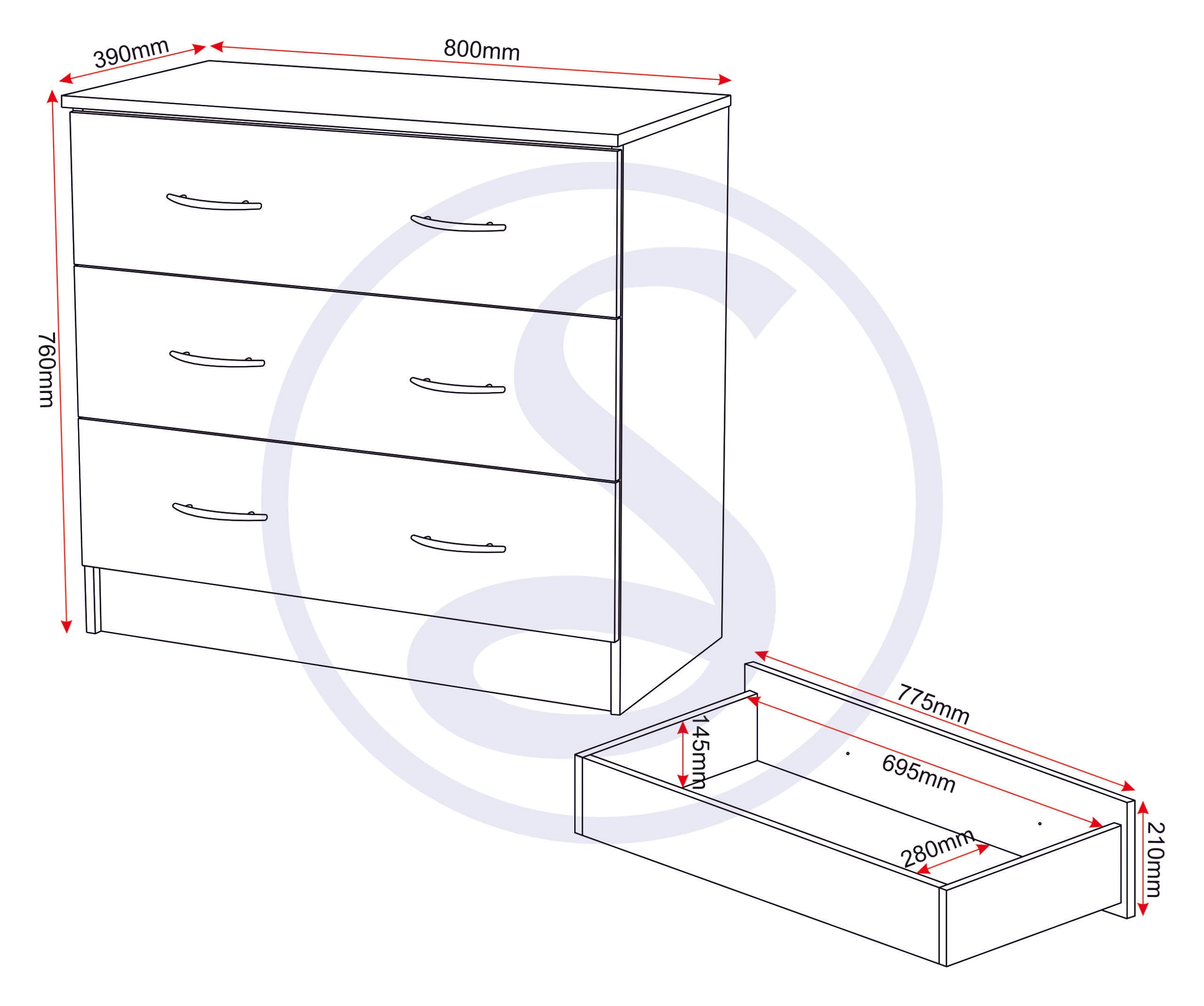 Bellingham 3 Drawer Chest - Oak Effect Veneer