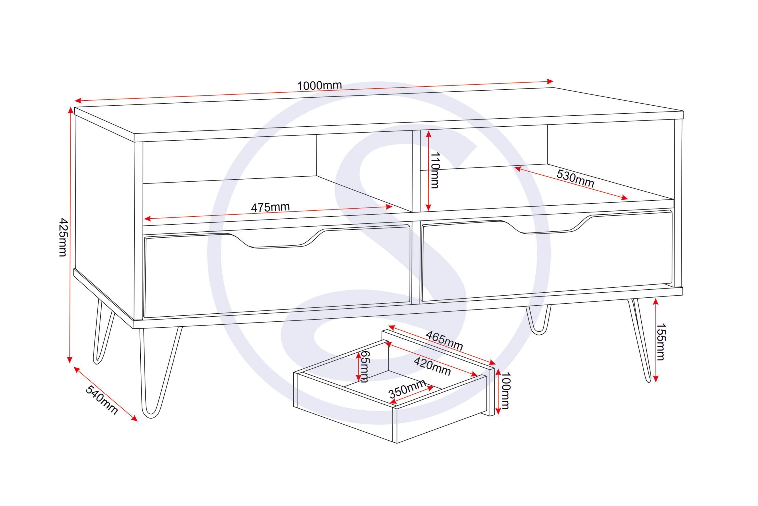 Bergen 2 Drawer Coffee Table - Oak Effect/White/Grey