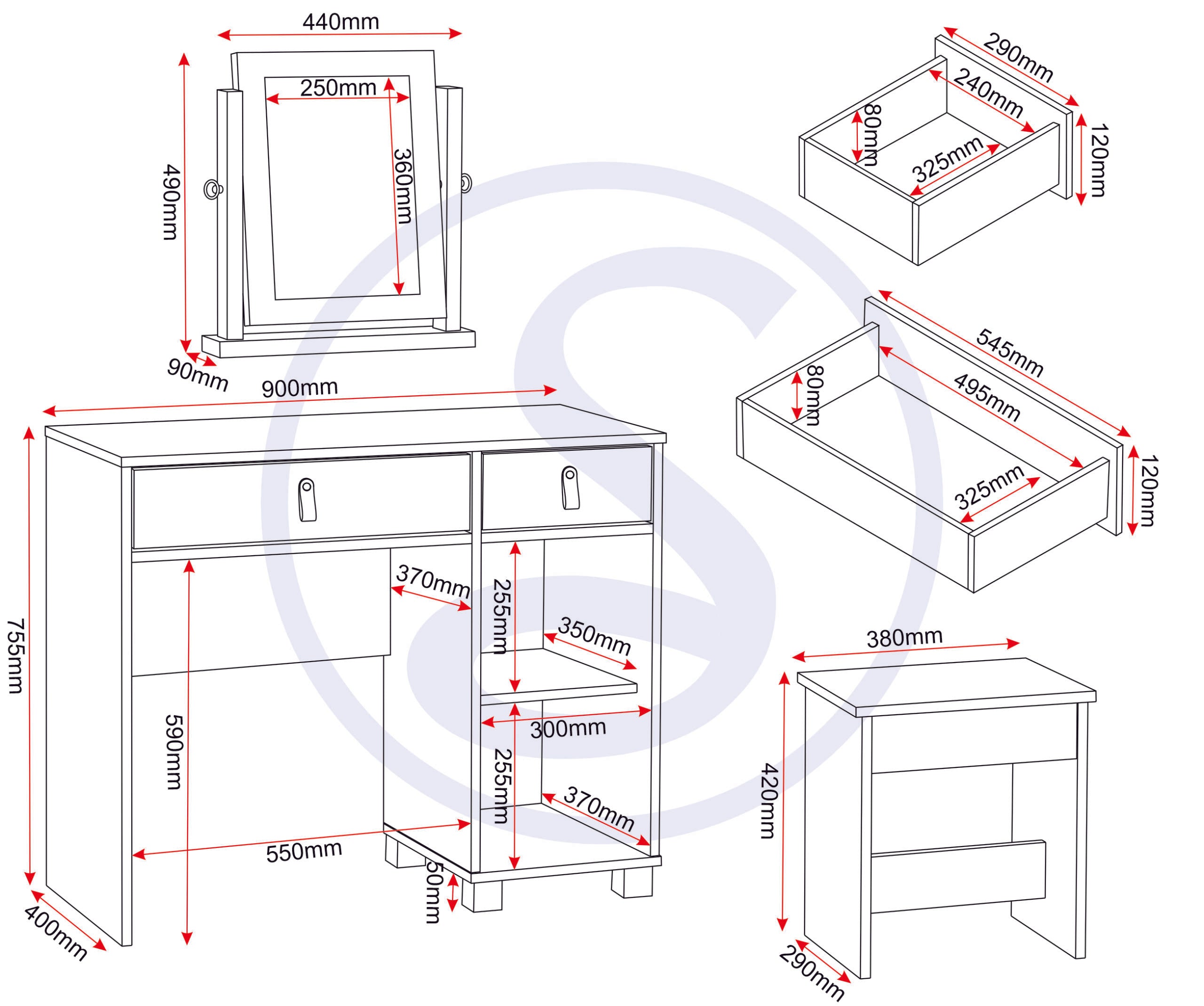 Brooklyn Dressing Table Set - Oak Effect/Grey