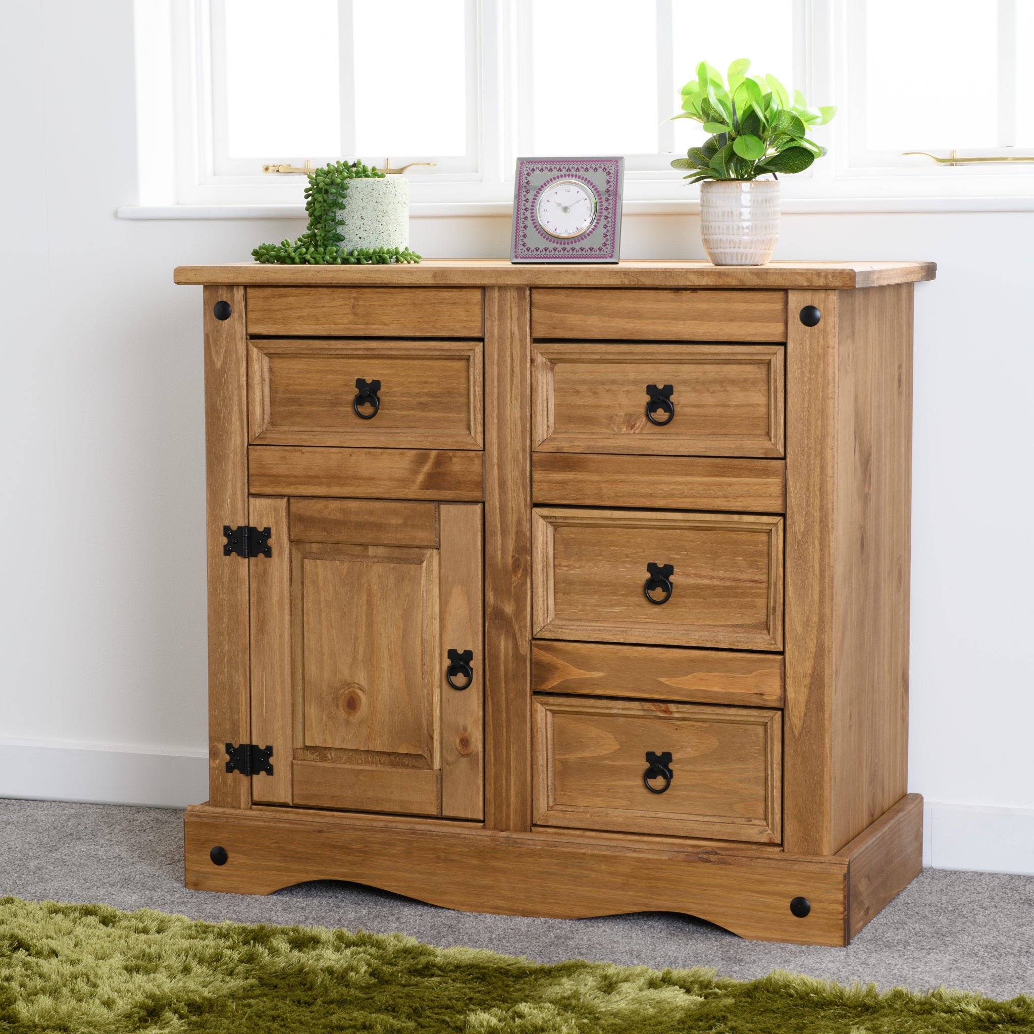 Corona 1 Door 4 Drawer Sideboard - Distressed Waxed Pine