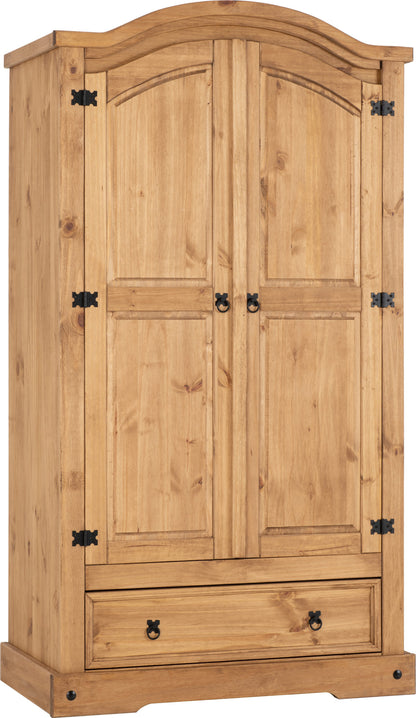 Corona 2 Door 1 Drawer Wardrobe - Distressed Waxed Pine