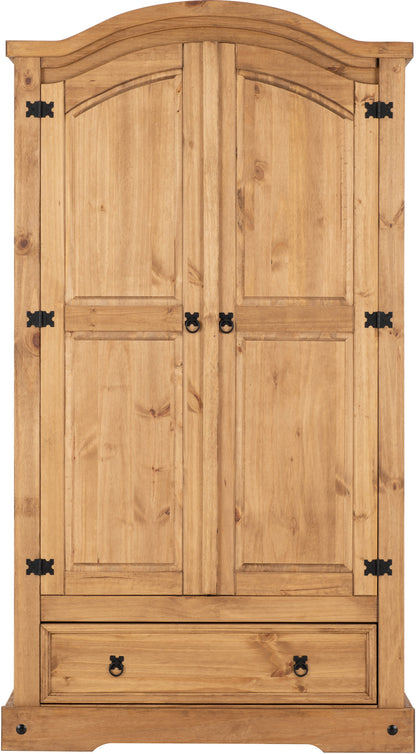 Corona 2 Door 1 Drawer Wardrobe - Distressed Waxed Pine
