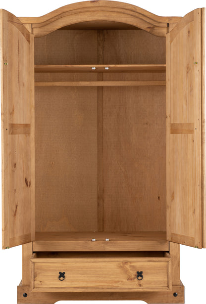 Corona 2 Door 1 Drawer Wardrobe - Distressed Waxed Pine
