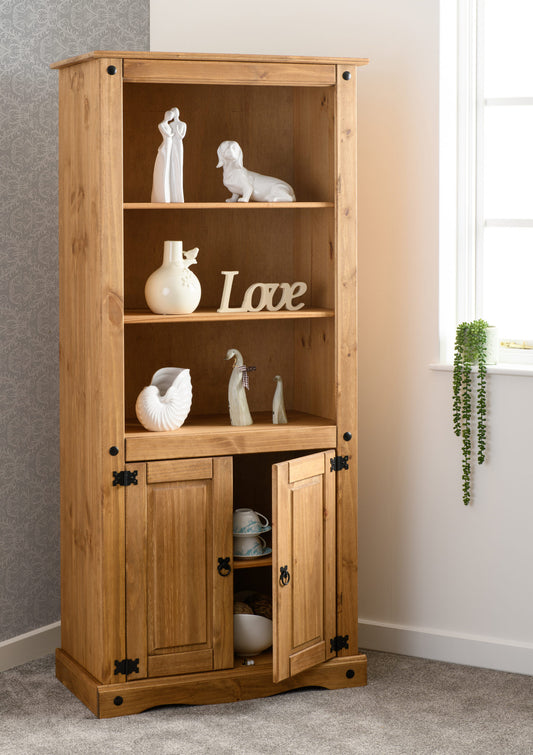 Corona 2 Door Display Unit/Bookcase - Distressed Waxed Pine