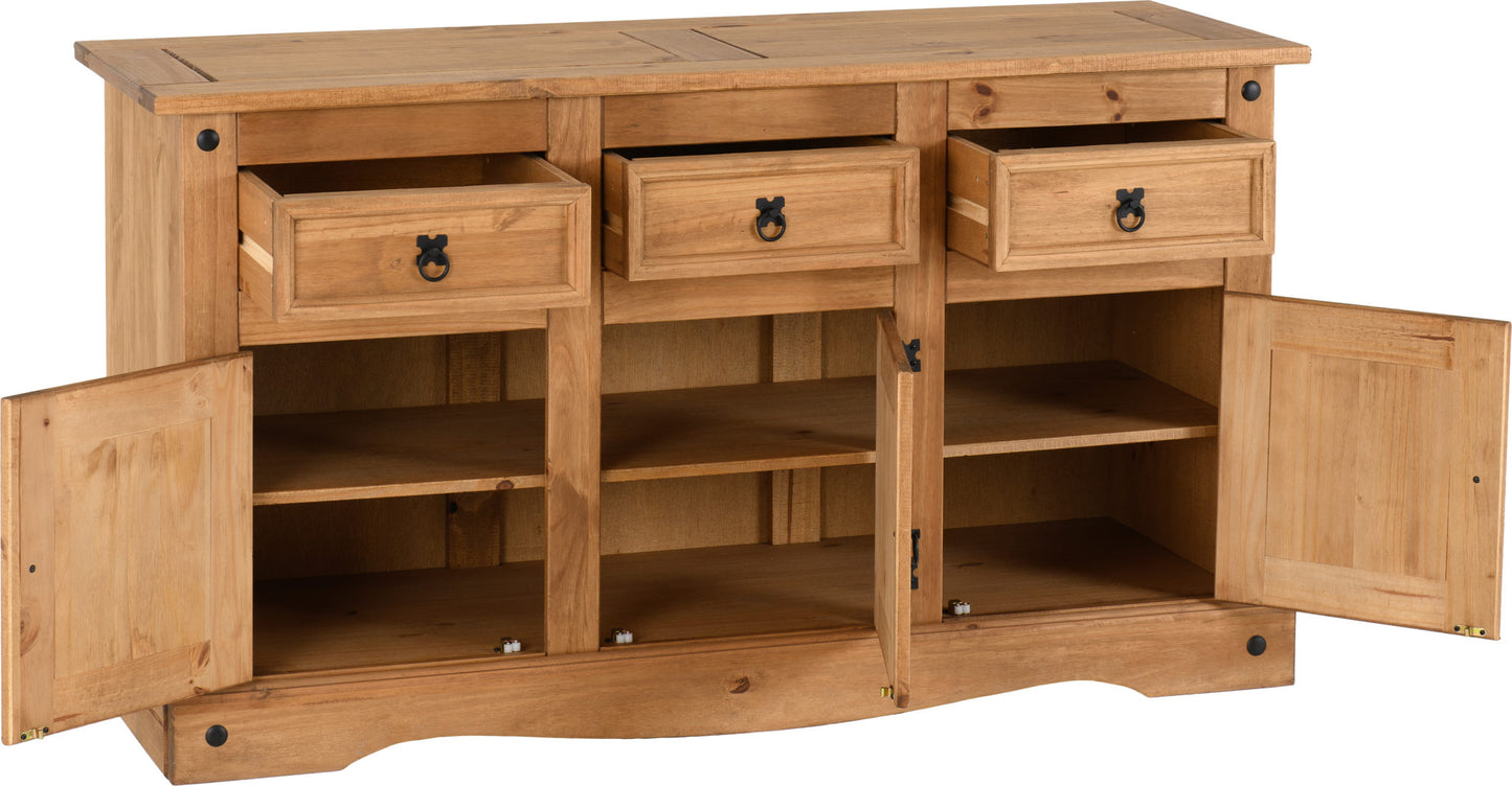 Corona 3 Door 3 Drawer Sideboard - Distressed Waxed Pine
