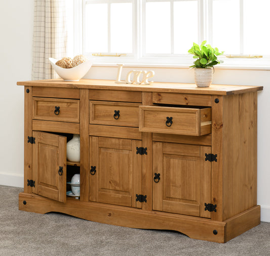 Corona 3 Door 3 Drawer Sideboard - Distressed Waxed Pine