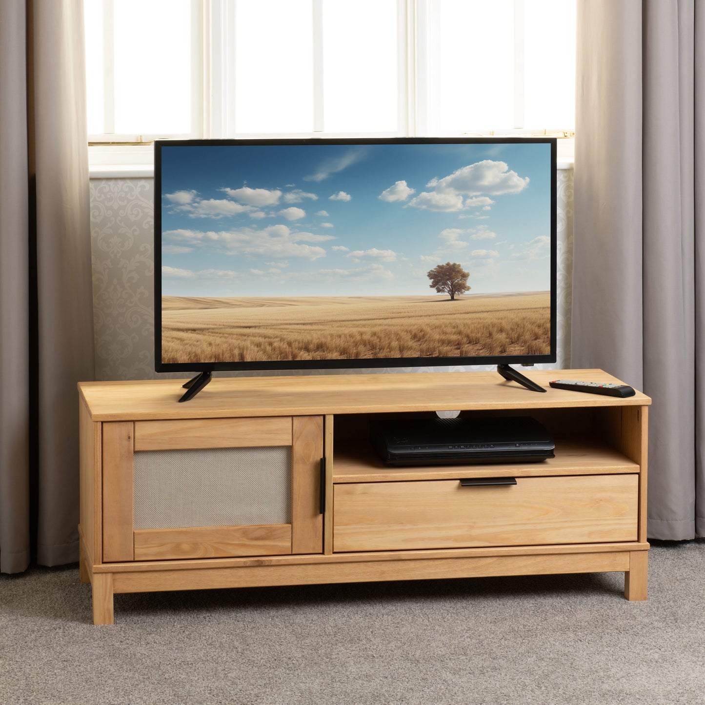 Corona Rattan 1 Door 1 Drawer Tv Unit - Distressed Wax Pine/Rattan Effect