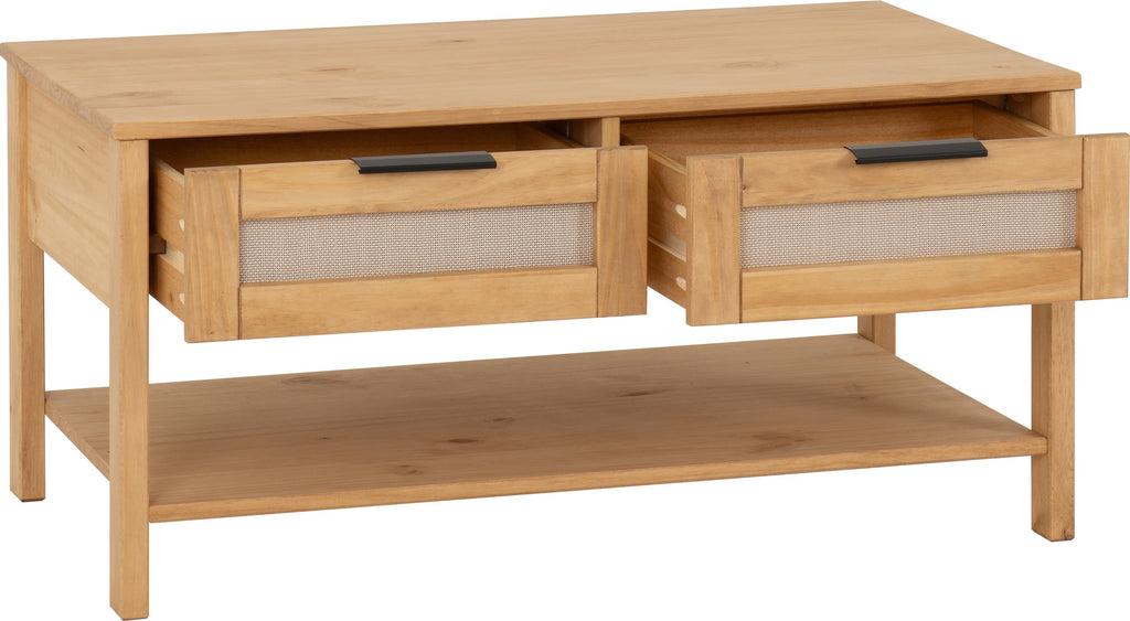 Corona Rattan 2 Drawer Coffee Table - Distressed Wax Pine/Rattan Effect
