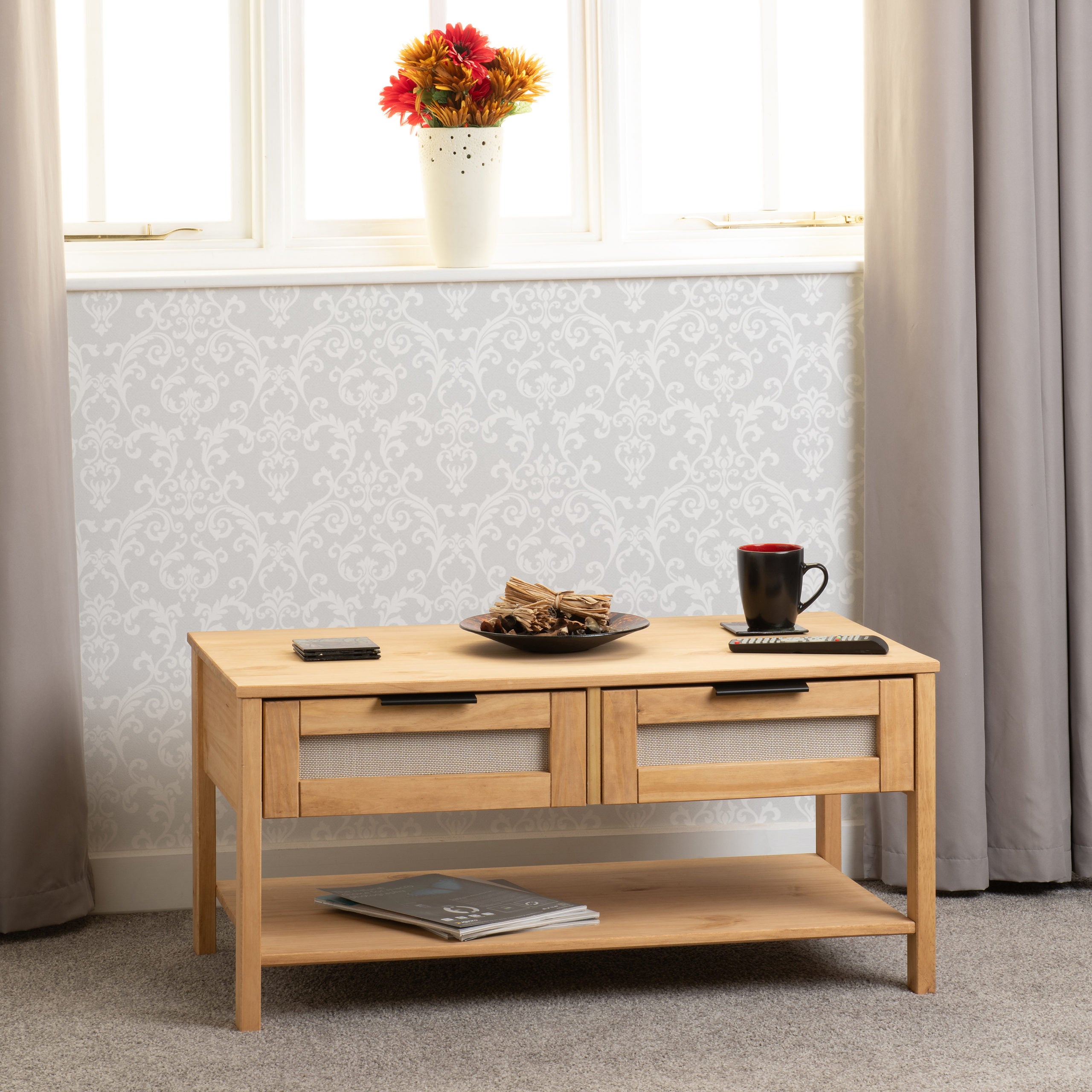 Corona Rattan 2 Drawer Coffee Table - Distressed Wax Pine/Rattan Effect