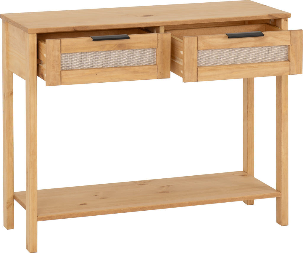 Corona Rattan 2 Drawer Console Table - Distressed Wax Pine/Rattan Effect