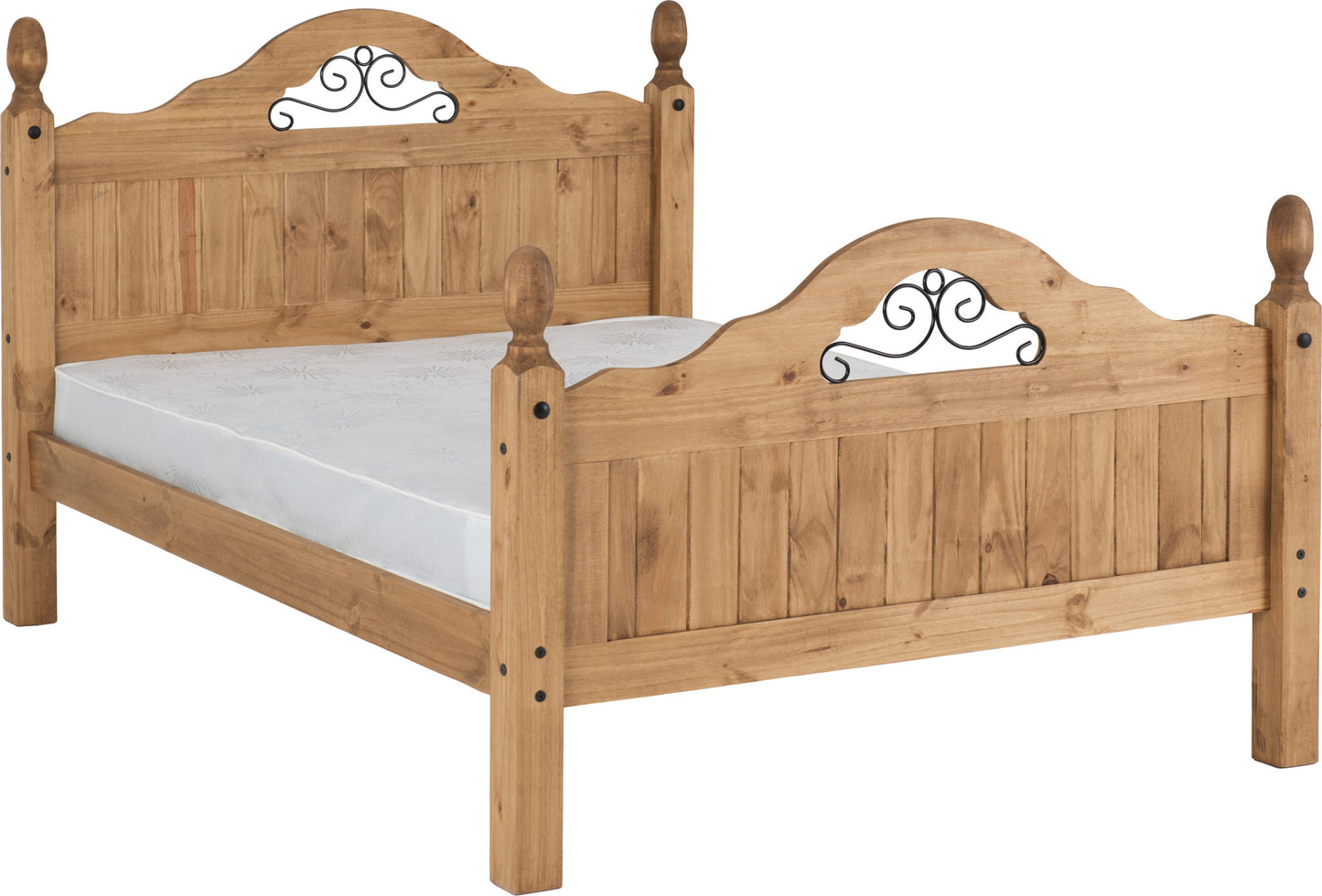 Corona Scroll 4'6" High End Bed - Distressed Waxed Pine