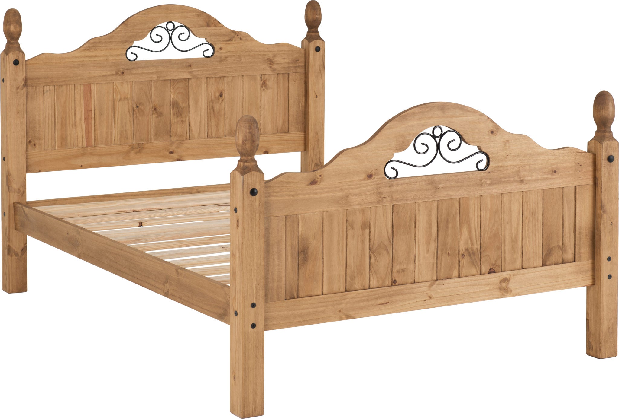 Corona Scroll 4'6" High End Bed - Distressed Waxed Pine