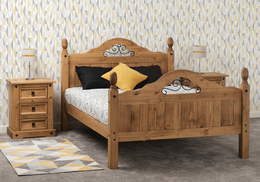 Corona Scroll 4'6" High End Bed - Distressed Waxed Pine