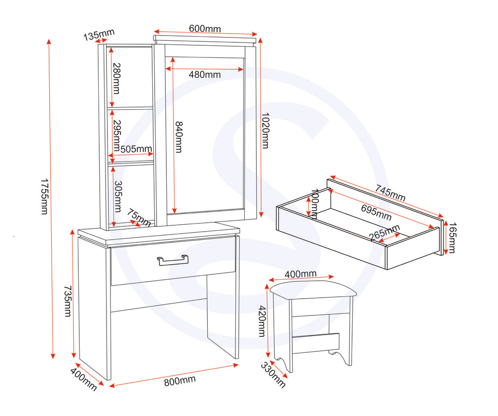 Charles 1 Drawer Dressing Table Set - White/Black Pu
