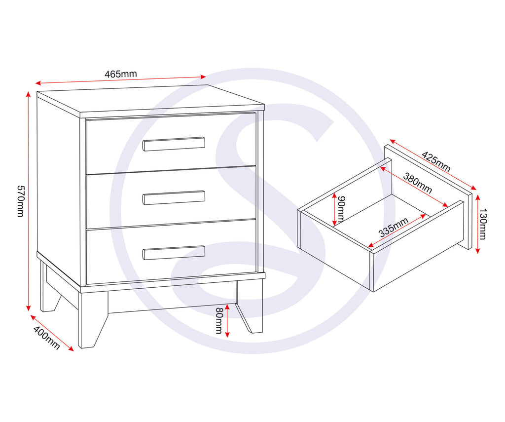 Cleveland 3 Drawer Bedside - White/Grey Metal Effect
