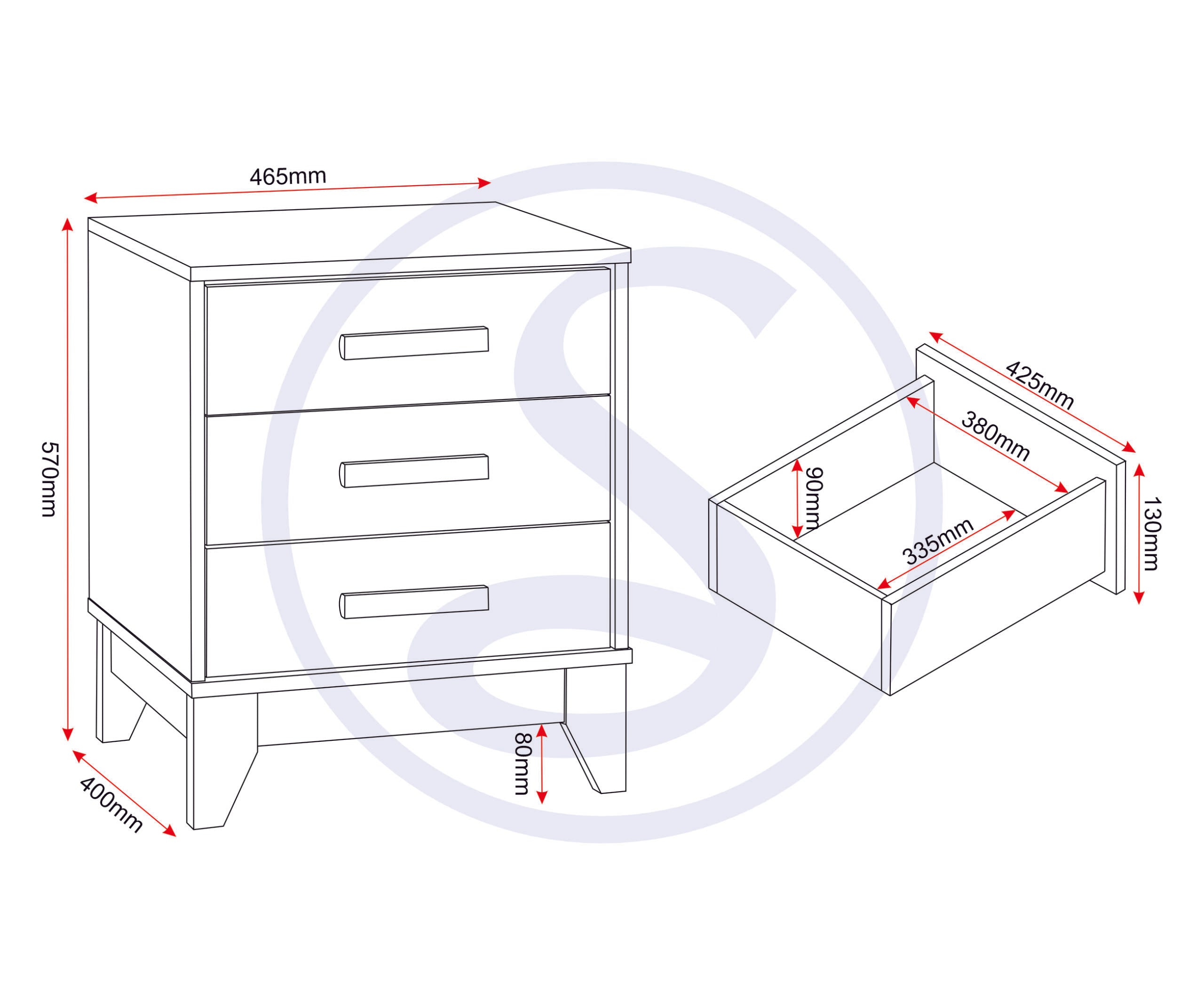 Cleveland 3 Drawer Bedside - White/Grey Metal Effect