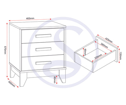 Cleveland 3 Drawer Bedside - White/Grey Metal Effect