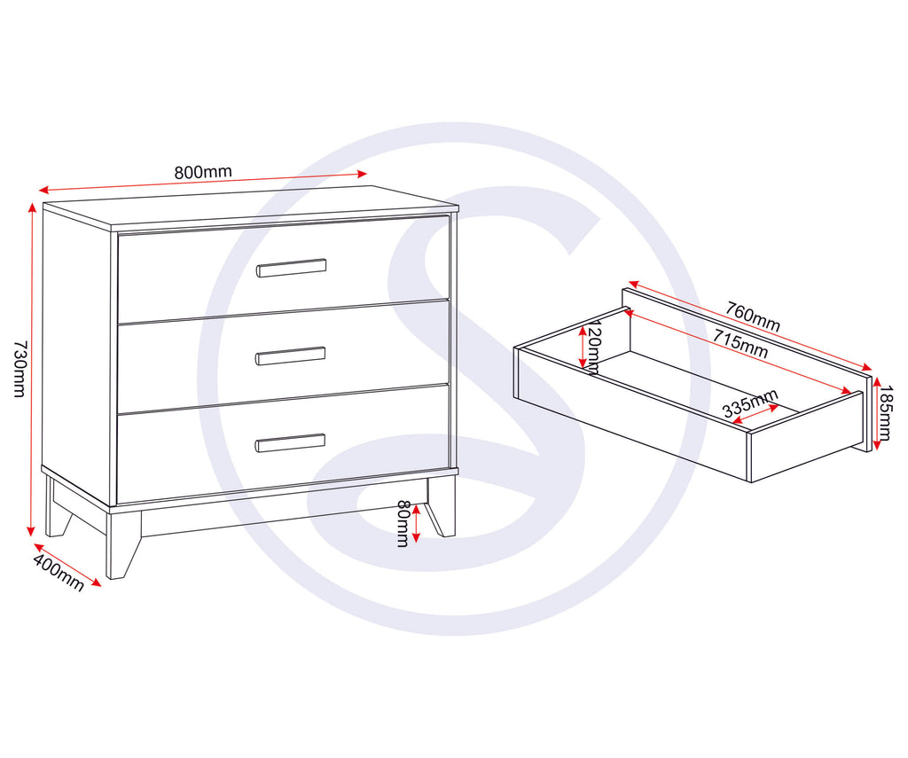 Cleveland 3 Drawer Chest - White/Grey Metal Effect