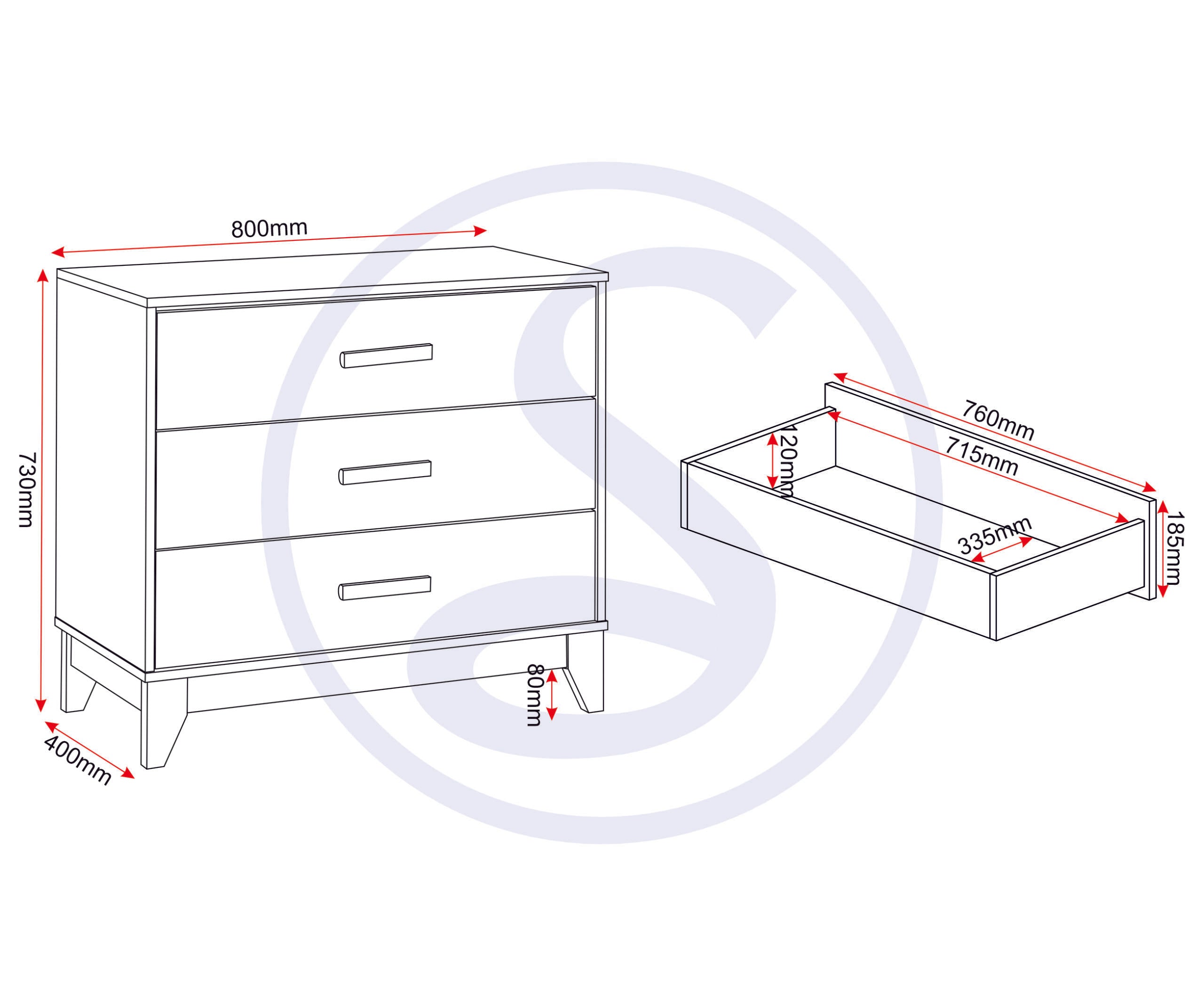 Cleveland 3 Drawer Chest - White/Grey Metal Effect