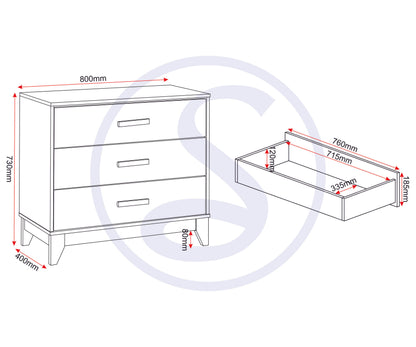 Cleveland 3 Drawer Chest - White/Grey Metal Effect