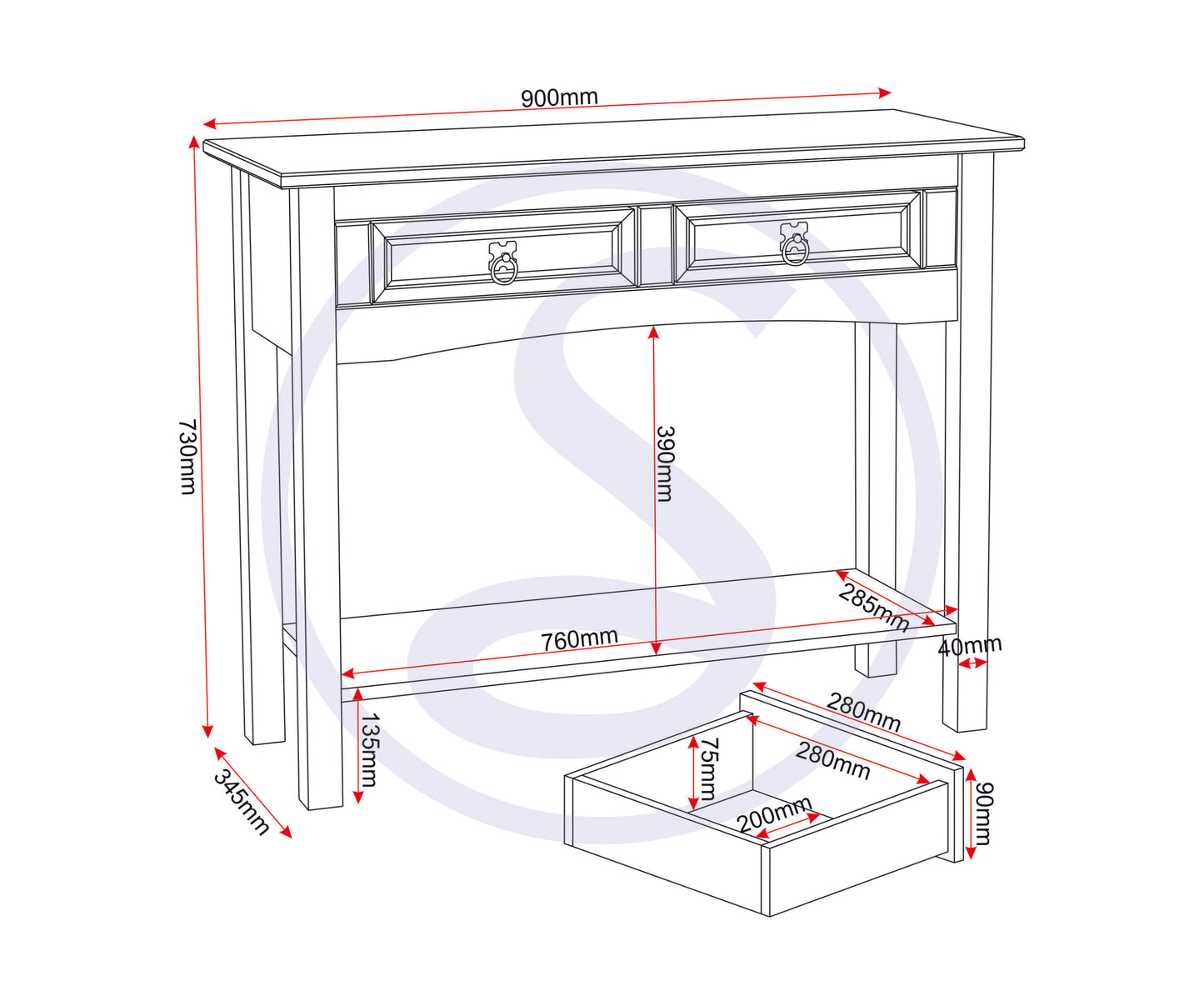 Corona 2 Drawer Console Table With Shelf - Distressed Waxed Pine