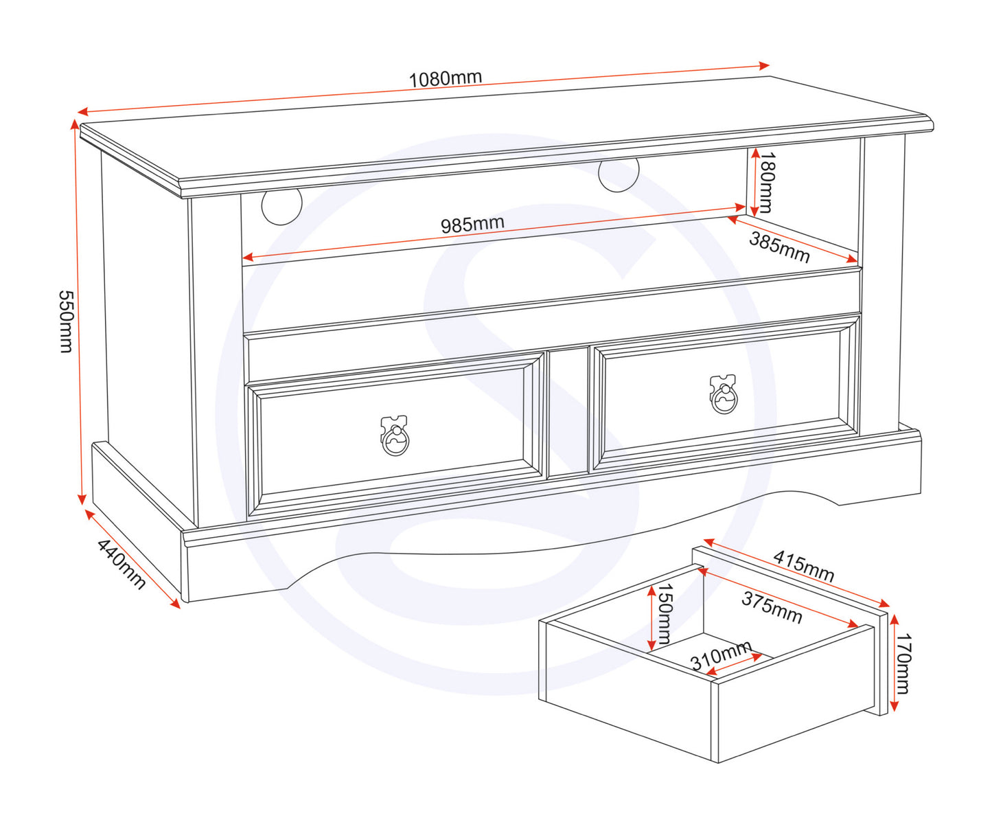 Corona 2 Drawer Flat Screen Tv Unit (No Shelf) - Distressed Waxed Pine