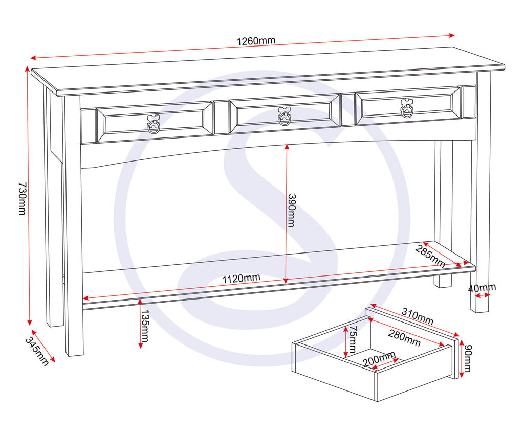 Corona 3 Drawer Console Table With Shelf - Distressed Waxed Pine