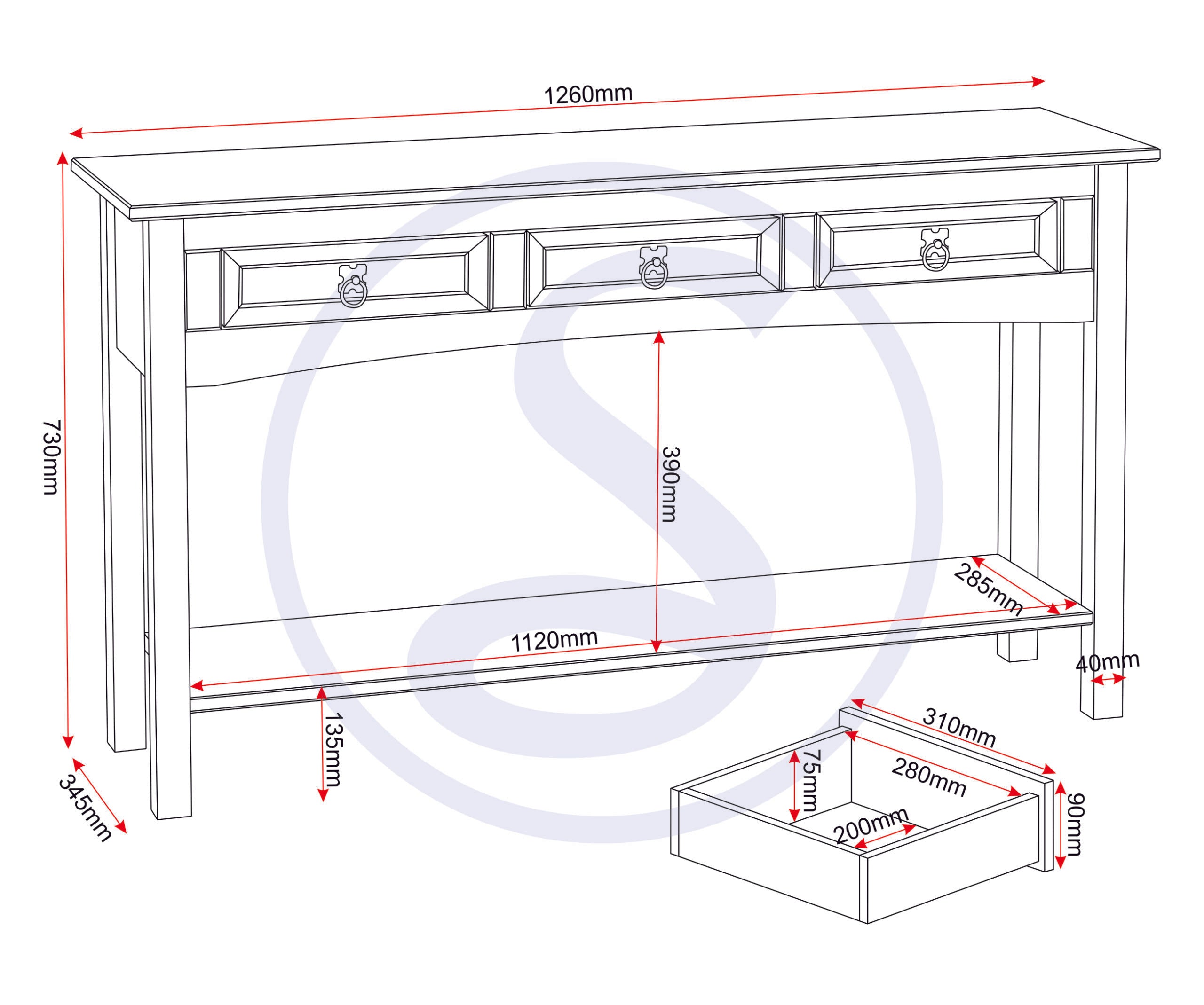 Corona 3 Drawer Console Table With Shelf - Distressed Waxed Pine