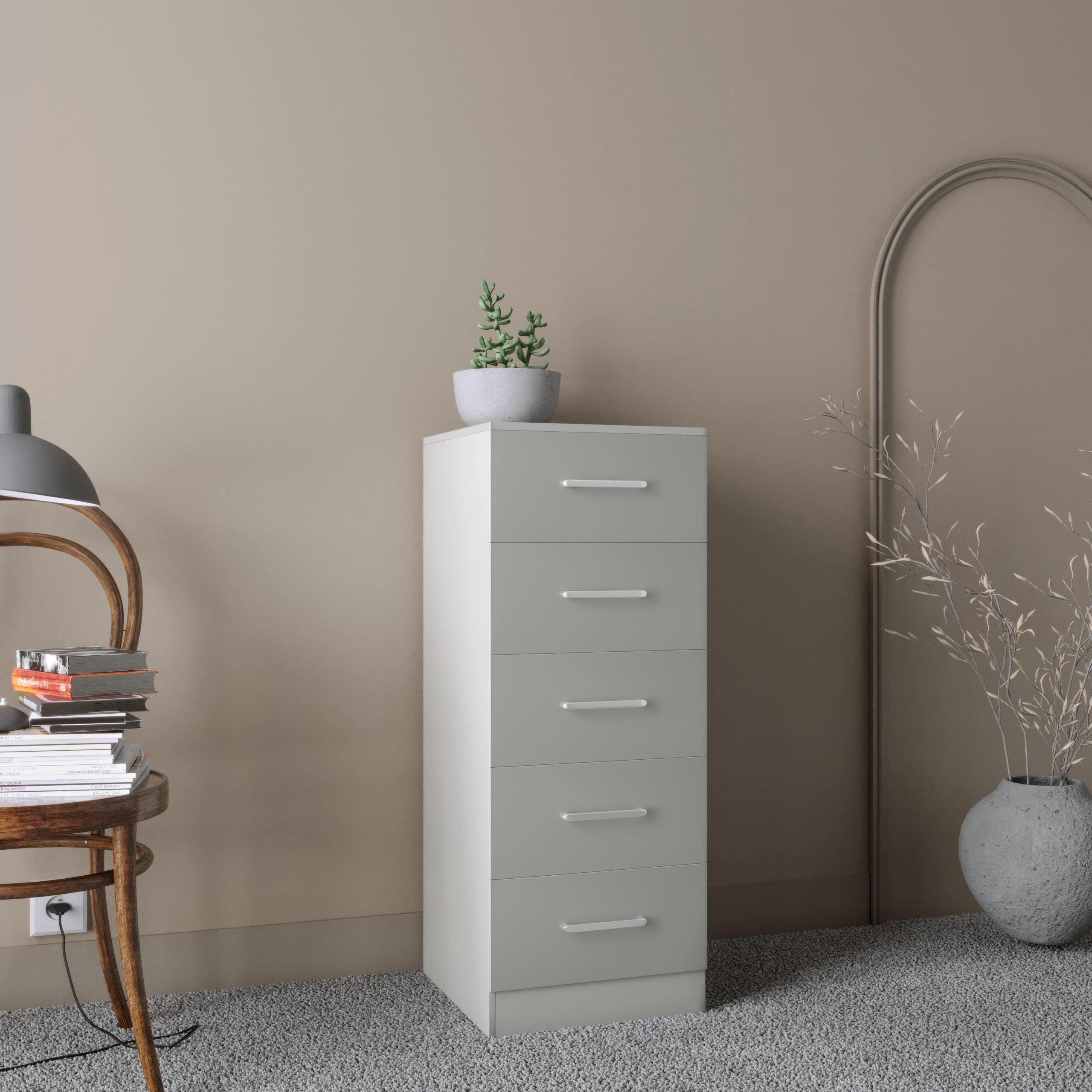 Dakota 5 Drawer Narrow Chest - Light Grey