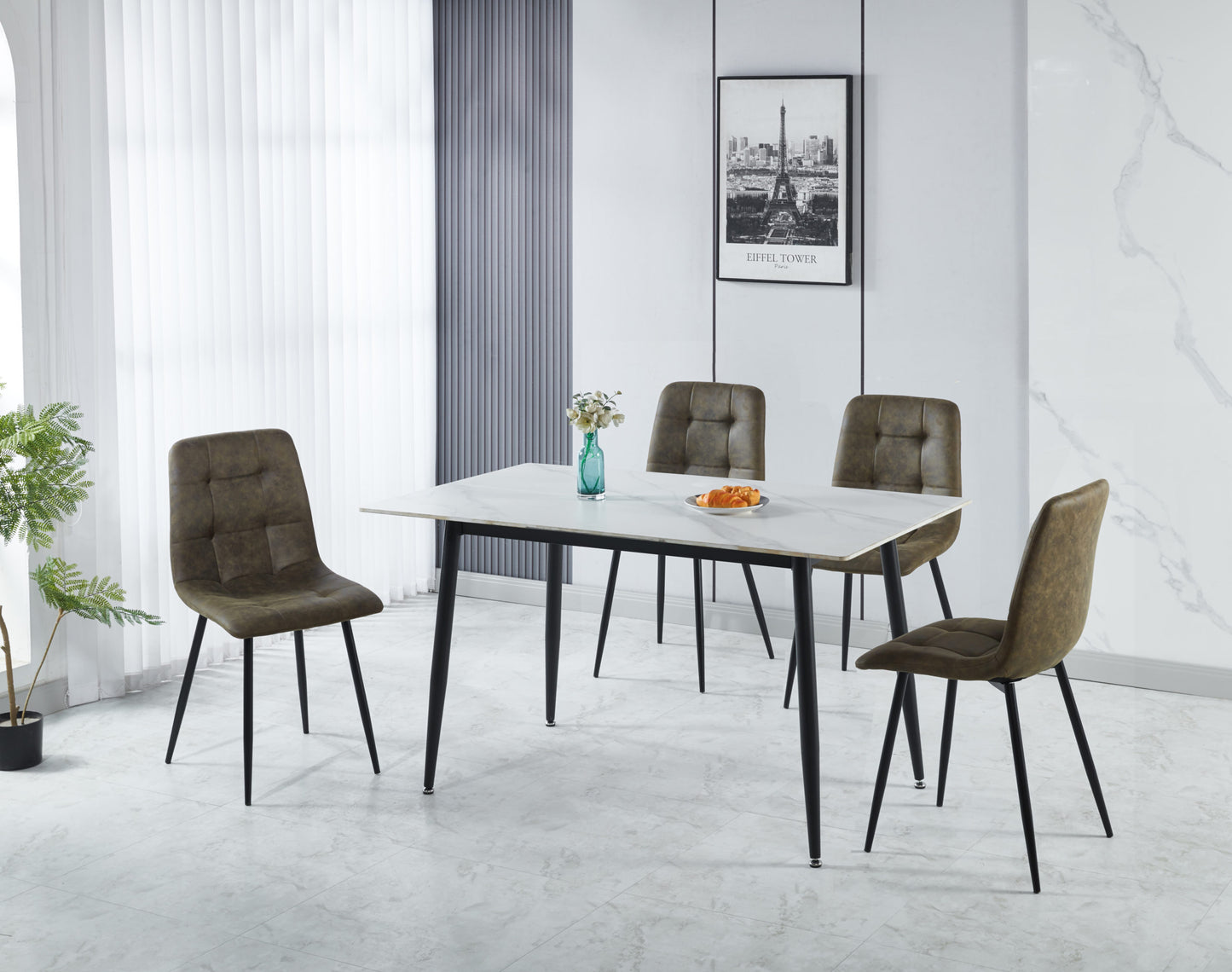 Fenton Dining Set (X4 Chairs) - White/Olive Green Suede Fabric