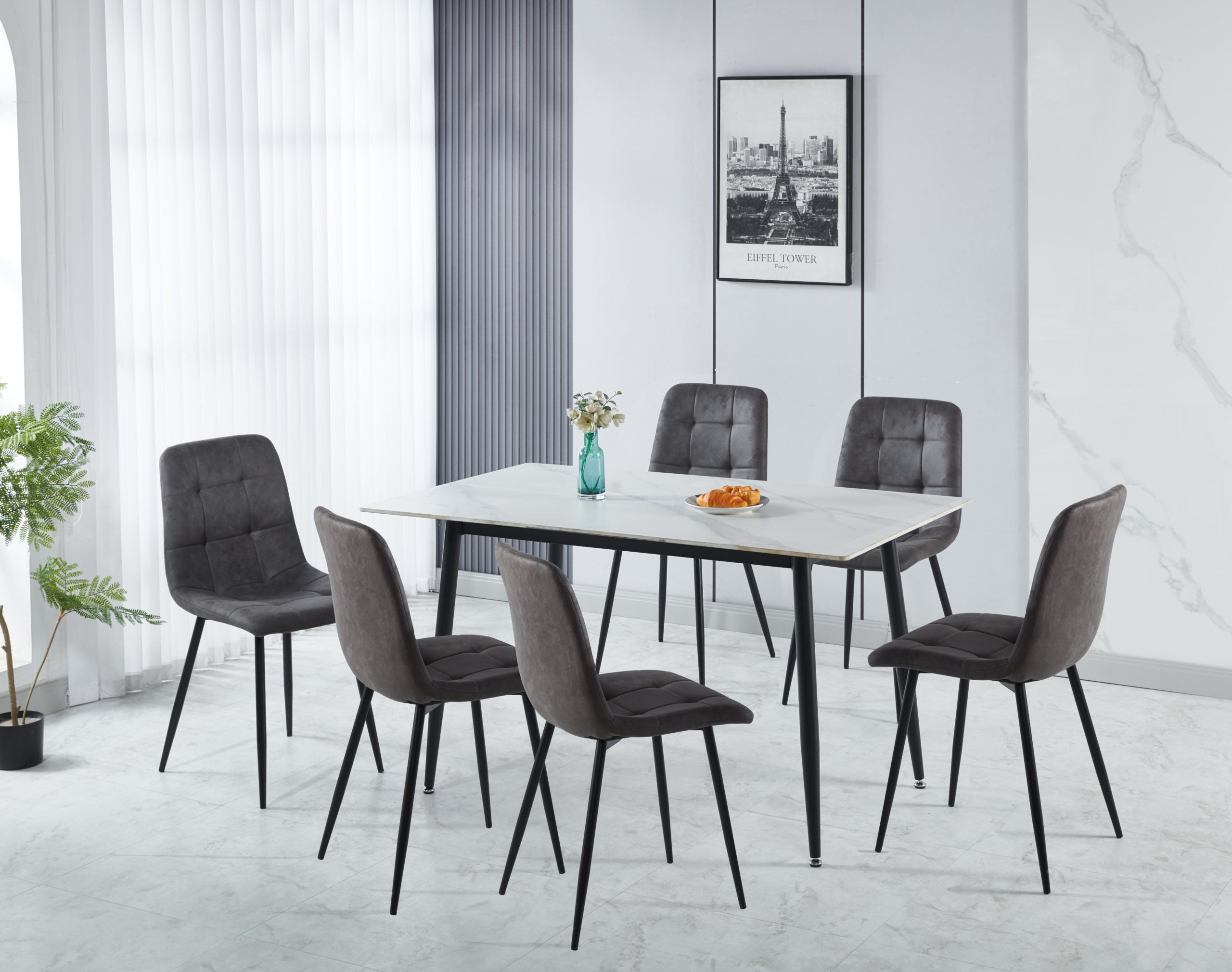 Fenton Dining Set (X6 Chairs) - White/Dark Grey Suede Fabric