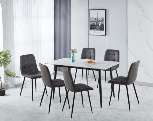Fenton Dining Set (X6 Chairs) - White/Dark Grey Suede Fabric