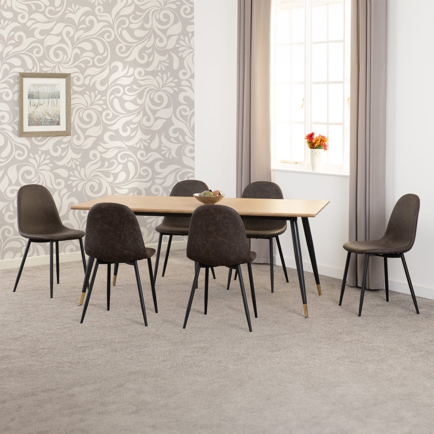 Hamilton & Athens Large Dining Set (X6 Chairs) - Medium Oak Effect/Brown Pu