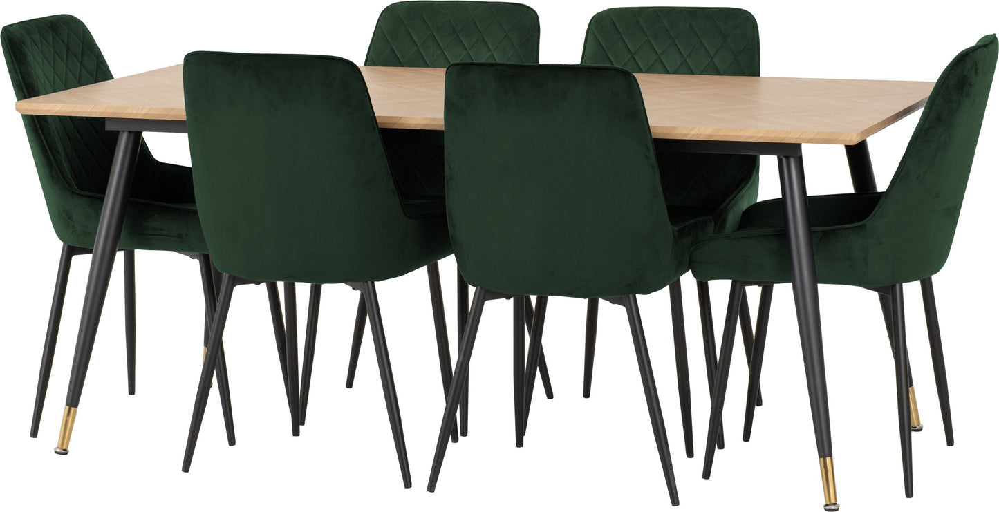Hamilton & Avery Large Dining Set (X6 Chairs) - Medium Oak Effect/Emerald Green Velvet