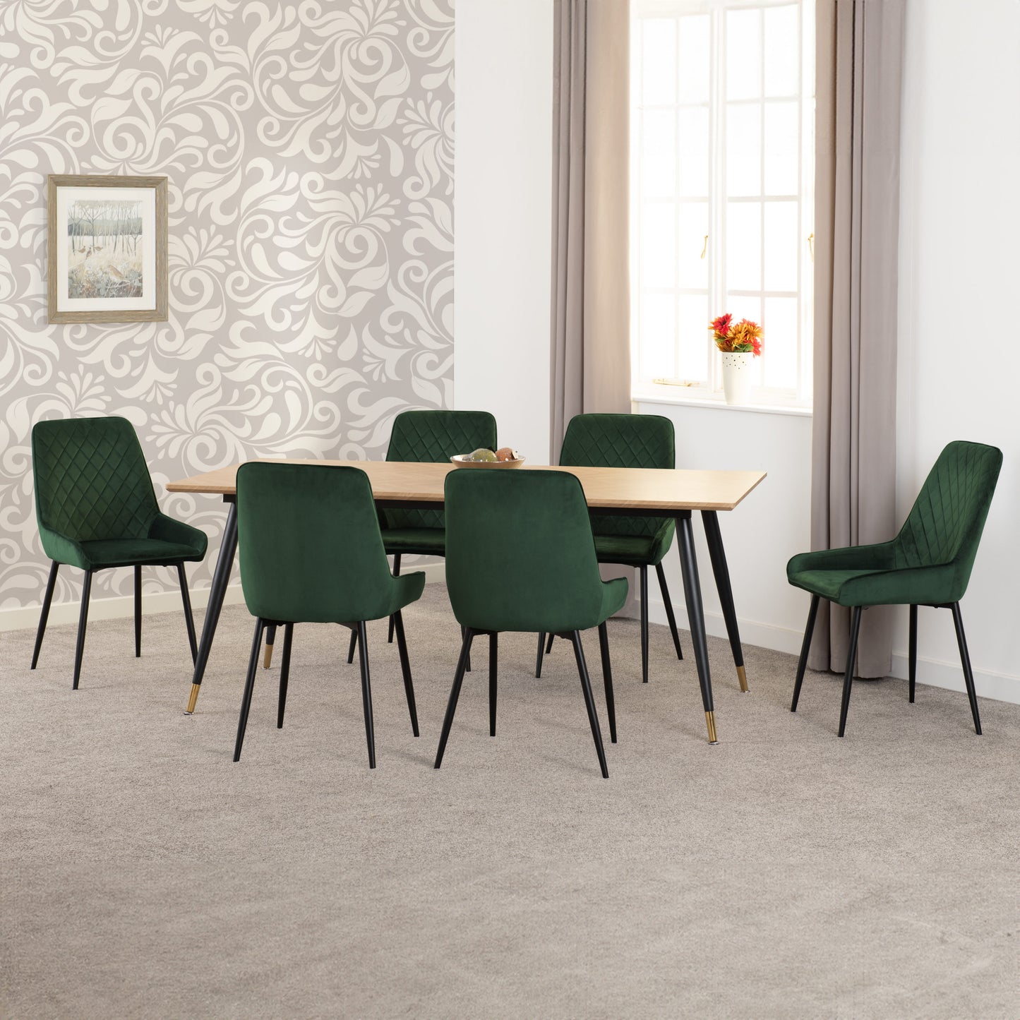 Hamilton & Avery Large Dining Set (X6 Chairs) - Medium Oak Effect/Emerald Green Velvet