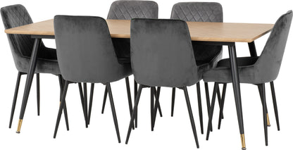 Hamilton & Avery Large Dining Set (X6 Chairs) - Medium Oak Effect/Grey Velvet