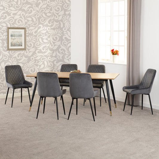 Hamilton & Avery Large Dining Set (X6 Chairs) - Medium Oak Effect/Grey Velvet