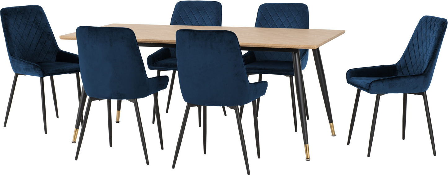 Hamilton & Avery Large Dining Set (X6 Chairs) - Medium Oak Effect/Sapphire Blue Velvet