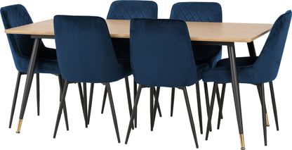 Hamilton & Avery Large Dining Set (X6 Chairs) - Medium Oak Effect/Sapphire Blue Velvet