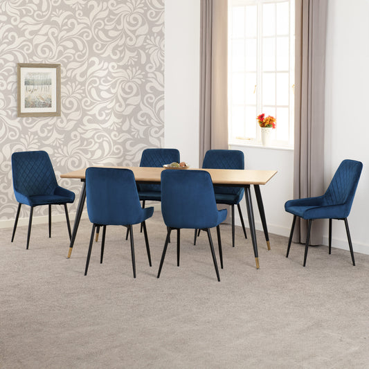 Hamilton & Avery Large Dining Set (X6 Chairs) - Medium Oak Effect/Sapphire Blue Velvet