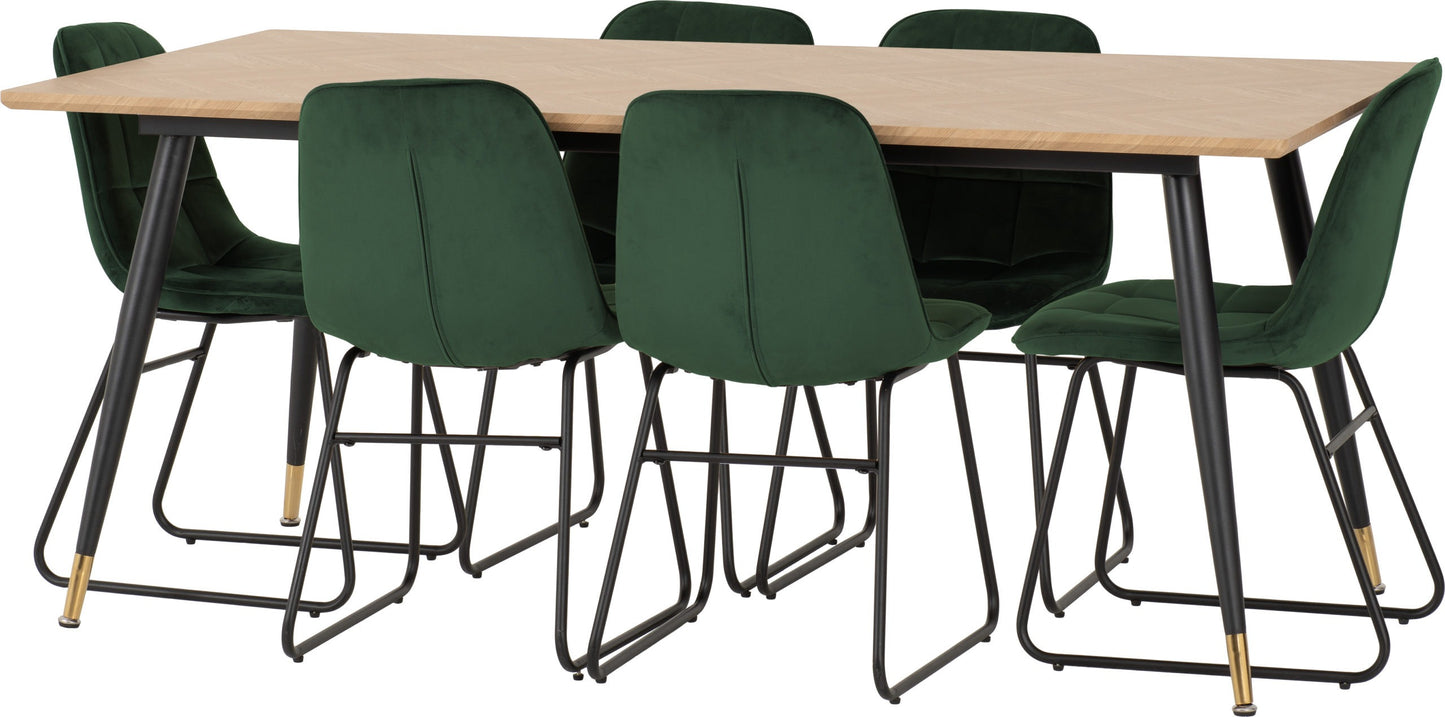 Hamilton & Lukas Large Dining Set (X6 Chairs) - Medium Oak Effect/Emerald Green Velvet