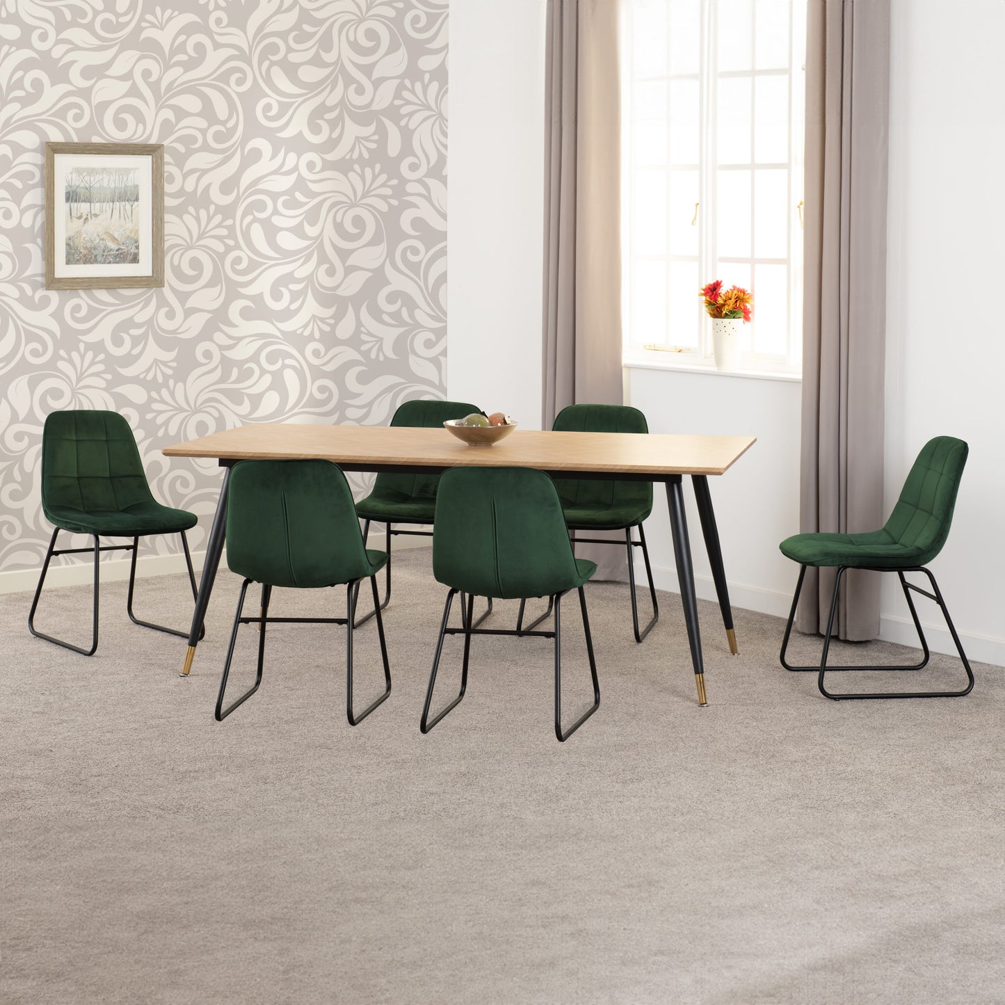 Hamilton & Lukas Large Dining Set (X6 Chairs) - Medium Oak Effect/Emerald Green Velvet