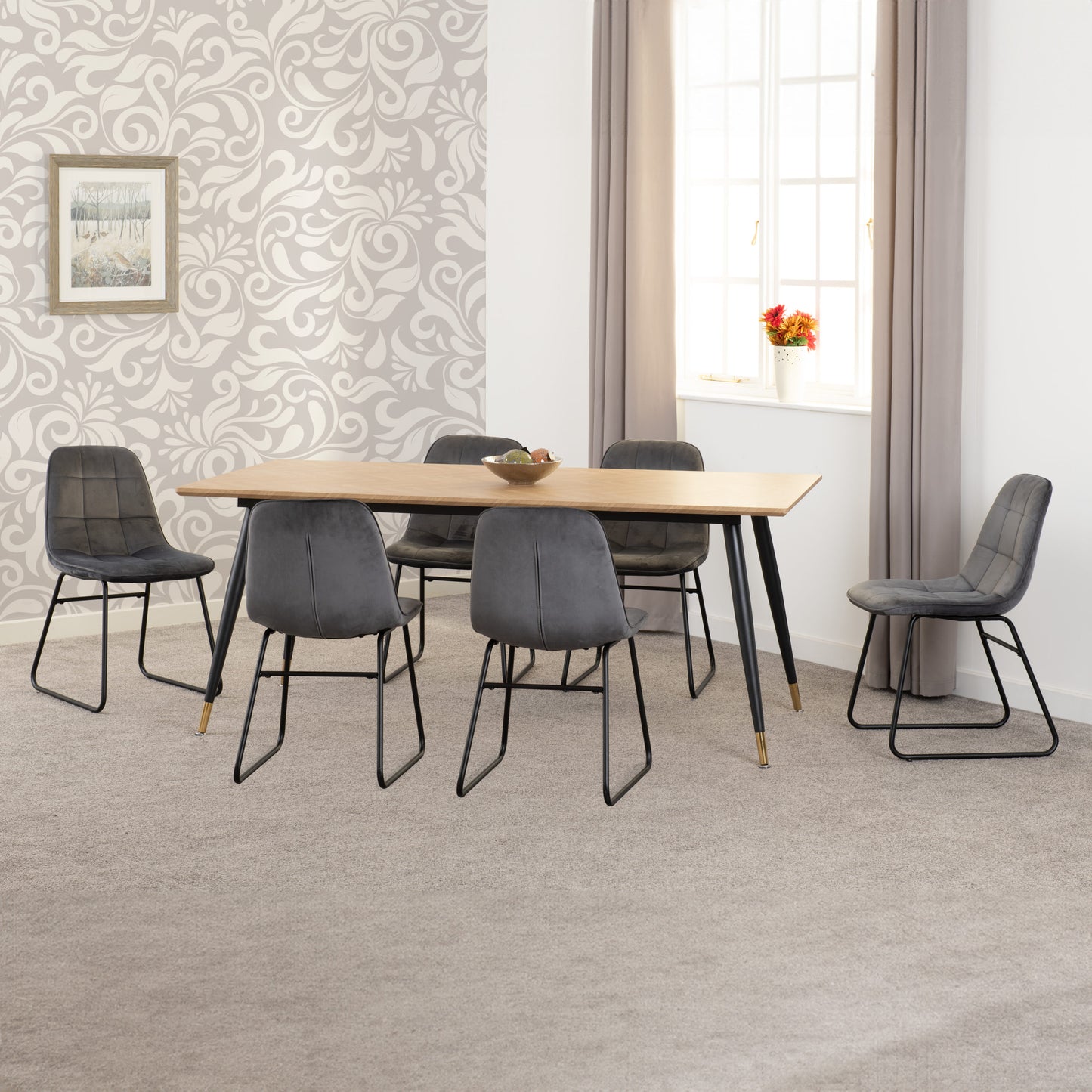 Hamilton & Lukas Large Dining Set (X6 Chairs) - Medium Oak Effect/Grey Velvet