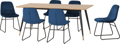 Hamilton & Lukas Large Dining Set (X6 Chairs) - Medium Oak Effect/Sapphire Blue Velvet