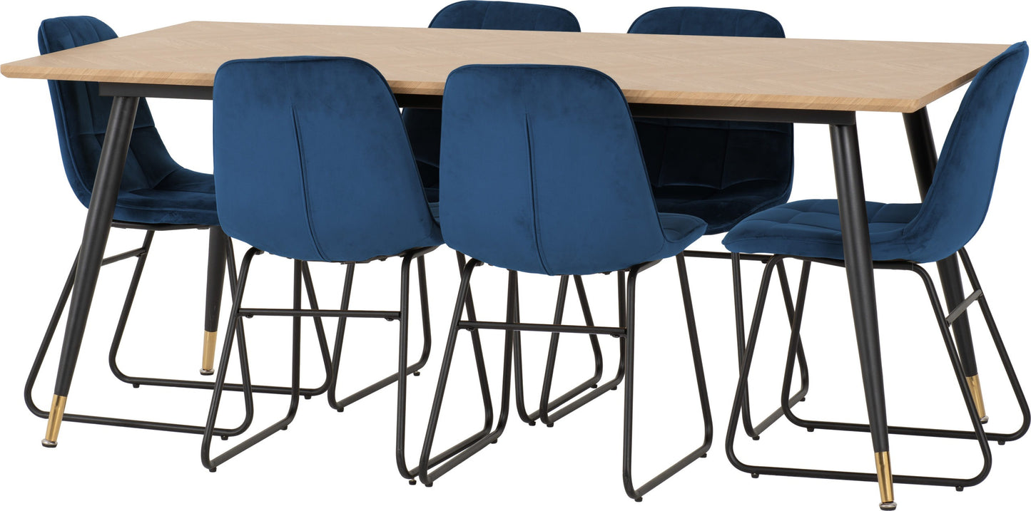 Hamilton & Lukas Large Dining Set (X6 Chairs) - Medium Oak Effect/Sapphire Blue Velvet