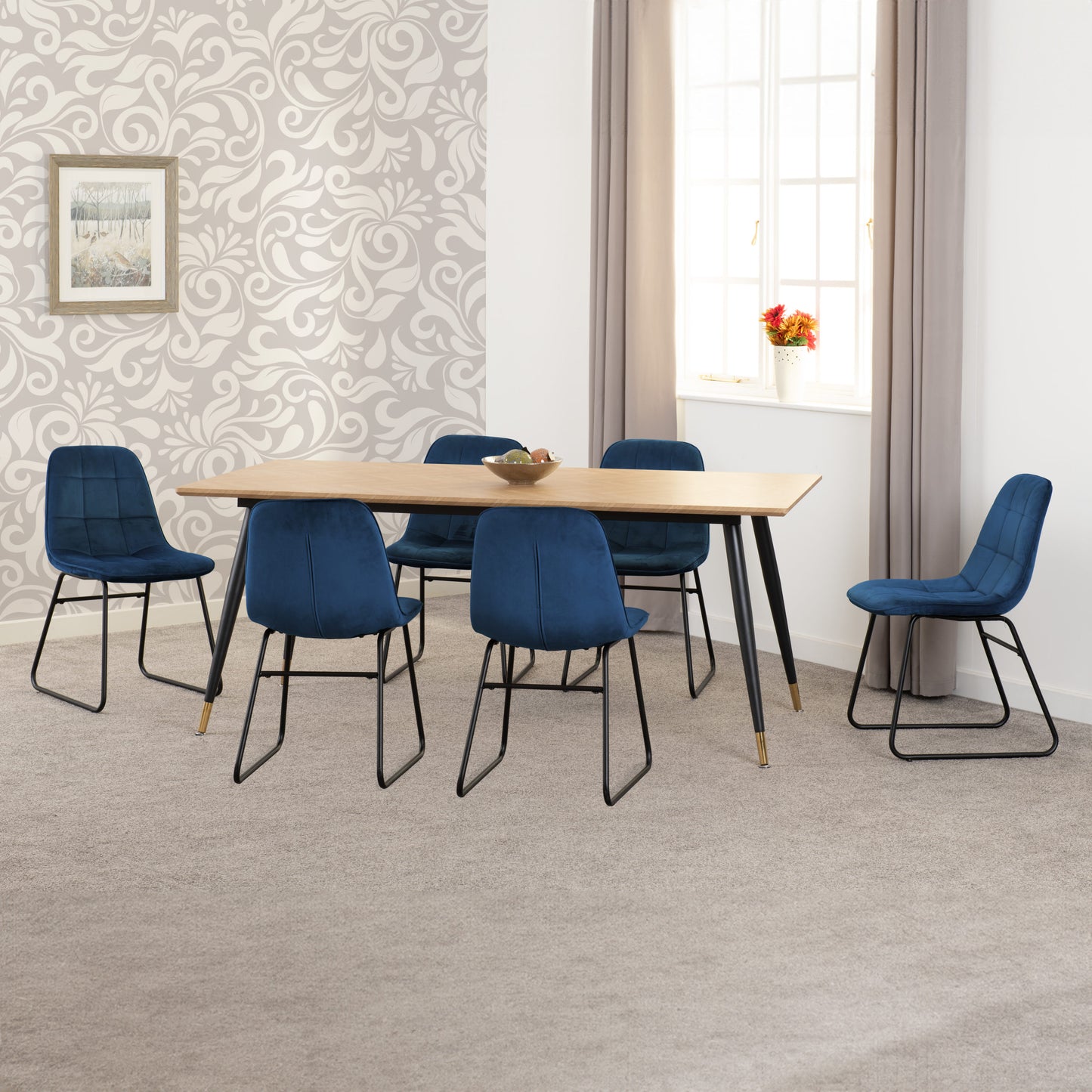 Hamilton & Lukas Large Dining Set (X6 Chairs) - Medium Oak Effect/Sapphire Blue Velvet
