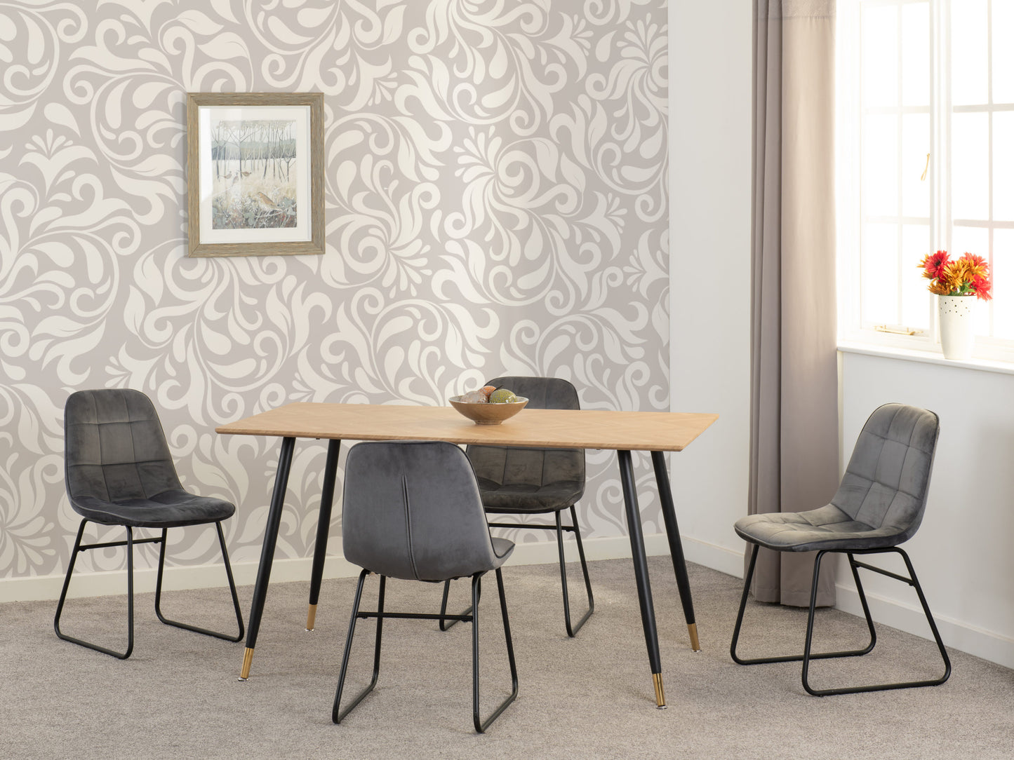 Hamilton & Lukas Medium Dining Set (X4 Chairs) - Medium Oak Effect/Grey Velvet