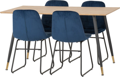 Hamilton & Lukas Medium Dining Set (X4 Chairs) - Medium Oak Effect/Sapphire Blue Velvet